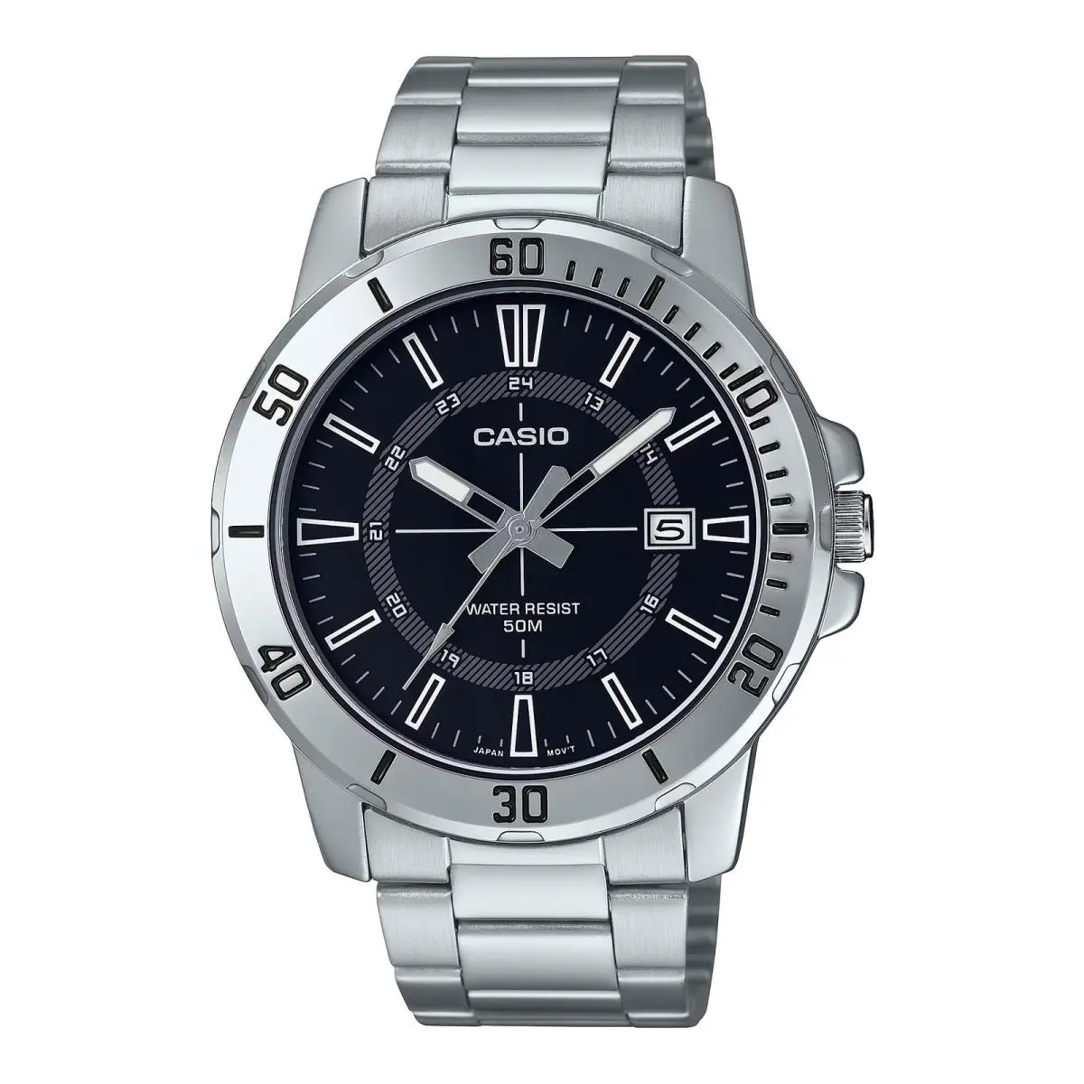 Men’s Silver Analog Watch with Black Dial and Date Display by Casio