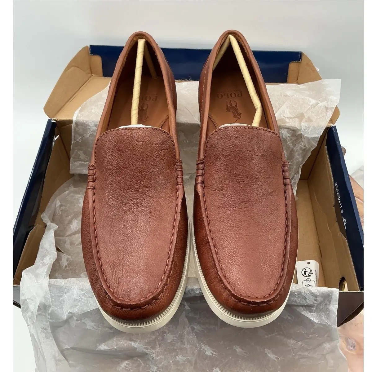 Polo Ralph Lauren Mens Pebbled Leather Loafers Tan Brown Moc Toe Slip On Shoes