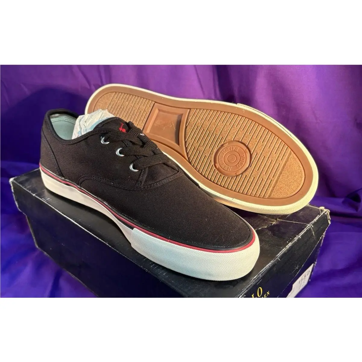 Polo Ralph Lauren Mens 11.5 D Black White Red Morray Sneaker