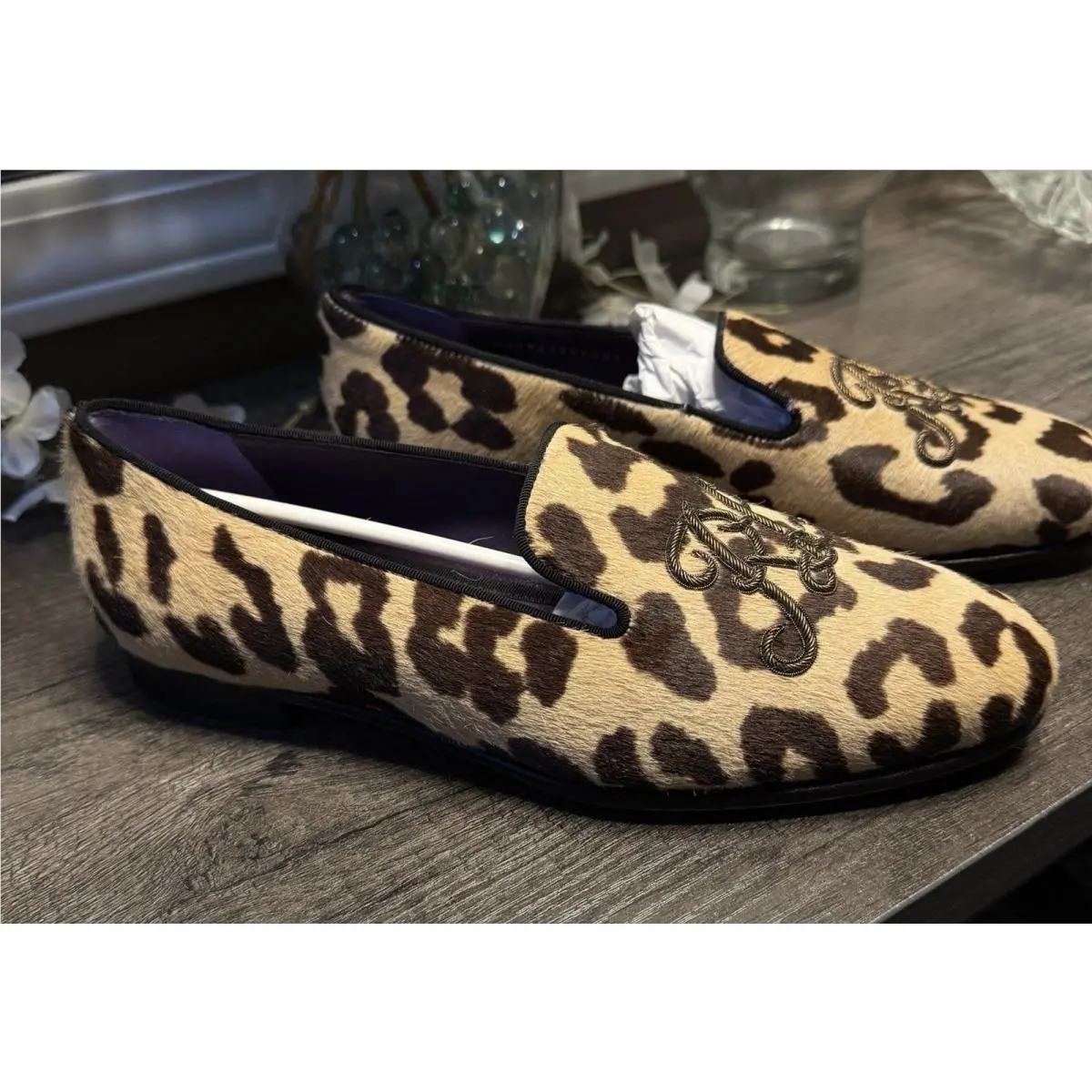 Ralph Lauren Purple Label Alonzo Leopard Calf Hair Slippers EU37