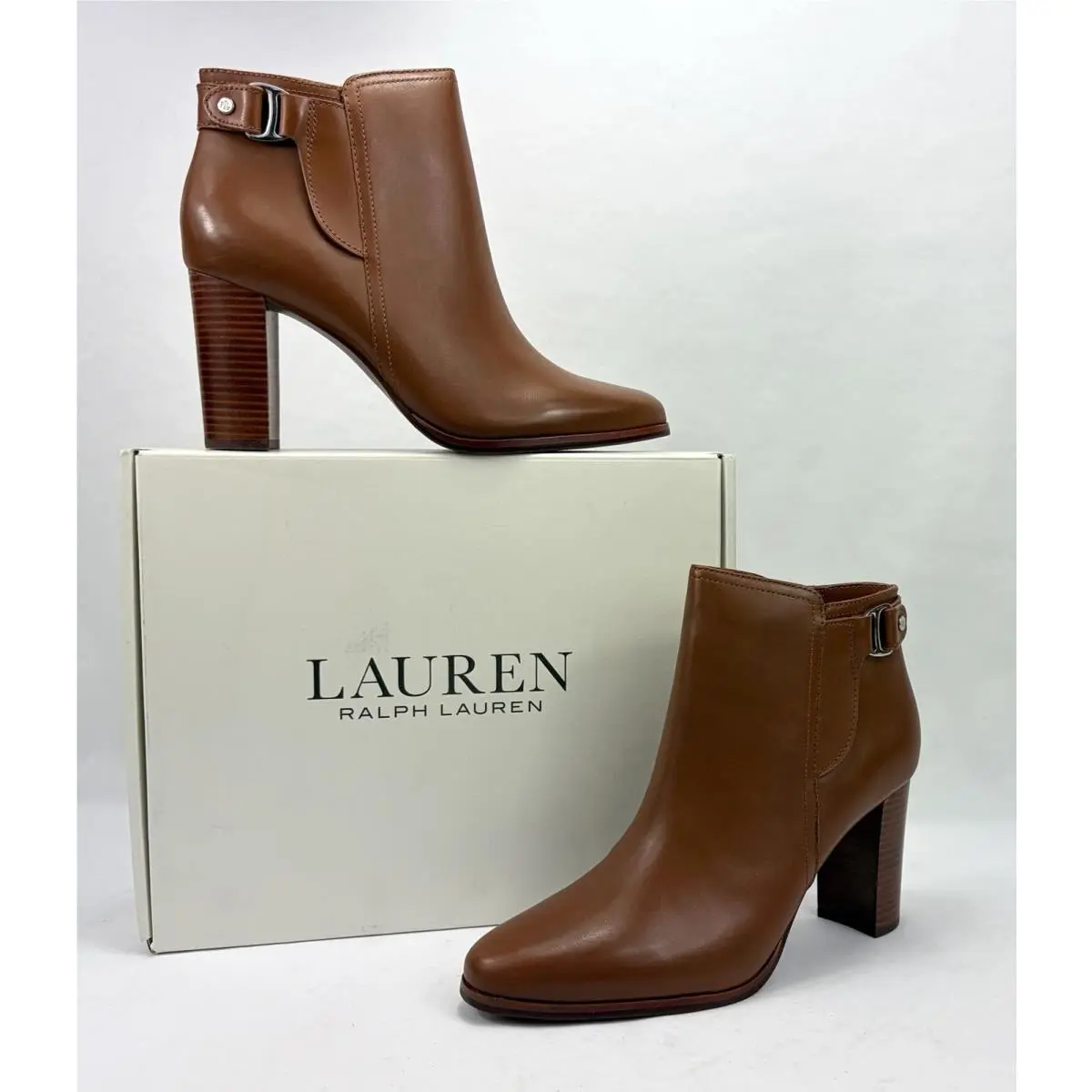 Lauren Ralph Lauren Tasha Calfskin Bootie Heel Shoes Brown Women`s 9.5