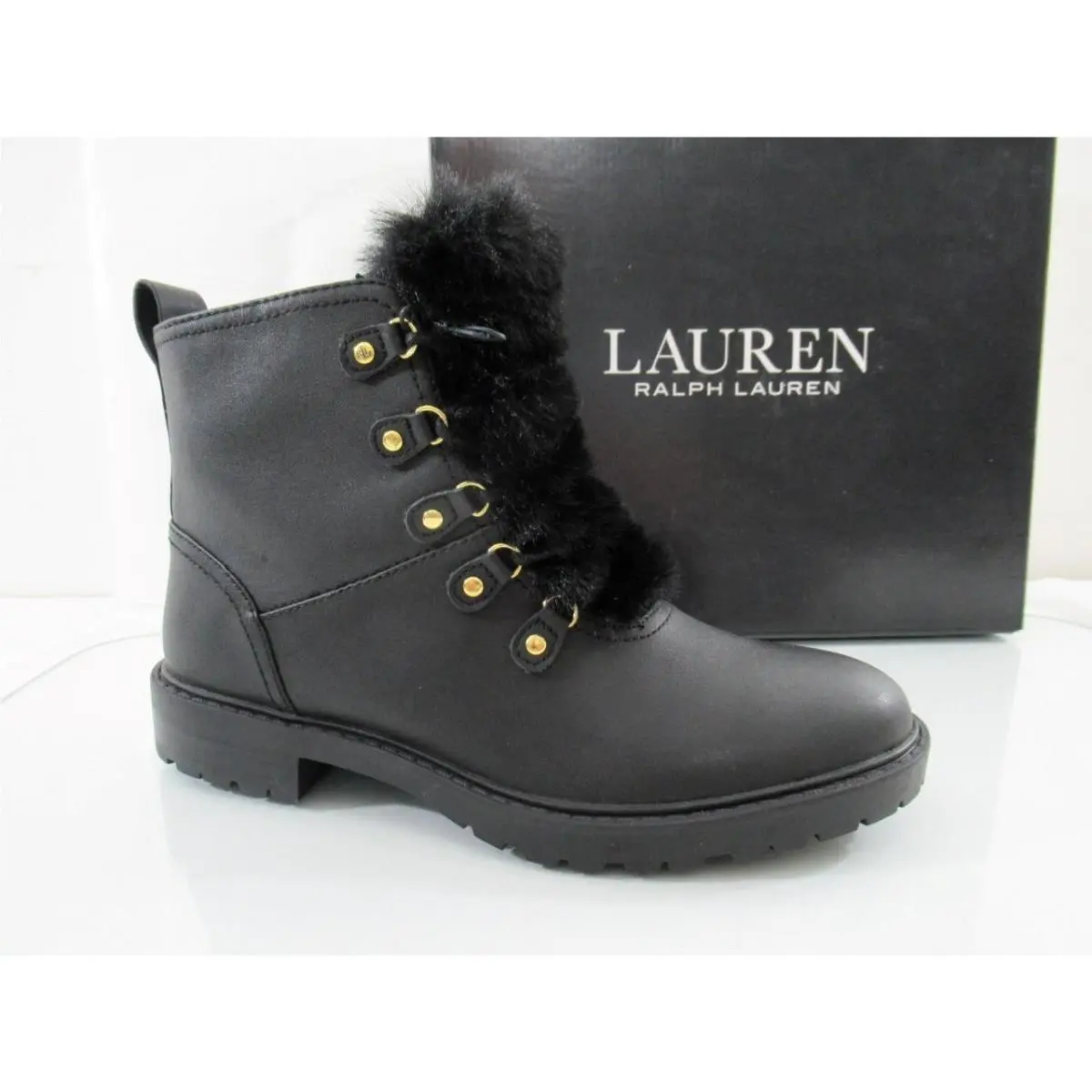 Lauren Ralph Lauren Elliot Waterproof Lace Up Boots Fur Leather Black Size 7
