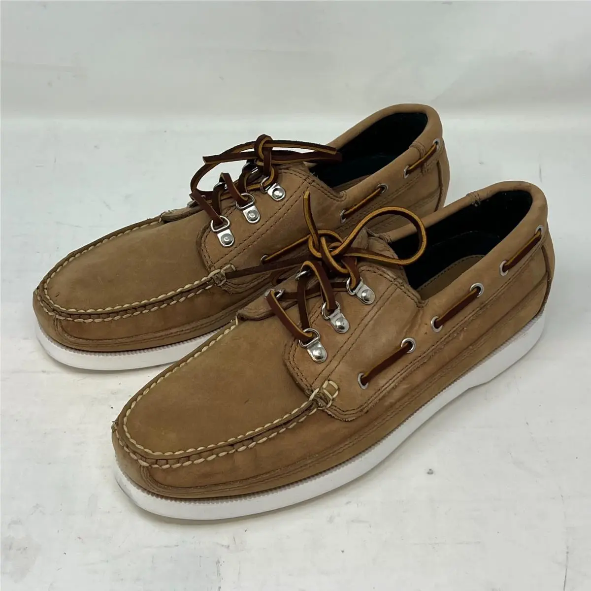 Polo Sport Ralph Lauren Boat Shoes Tan Leather Moc Toe Beige Men`s 10D Vtg