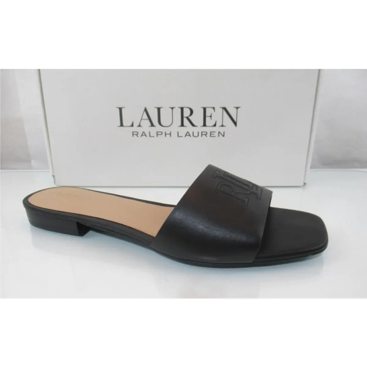 Lauren Ralph Lauren Size 8 Everley Logo Slide Dress Flat Heel Sandals Black