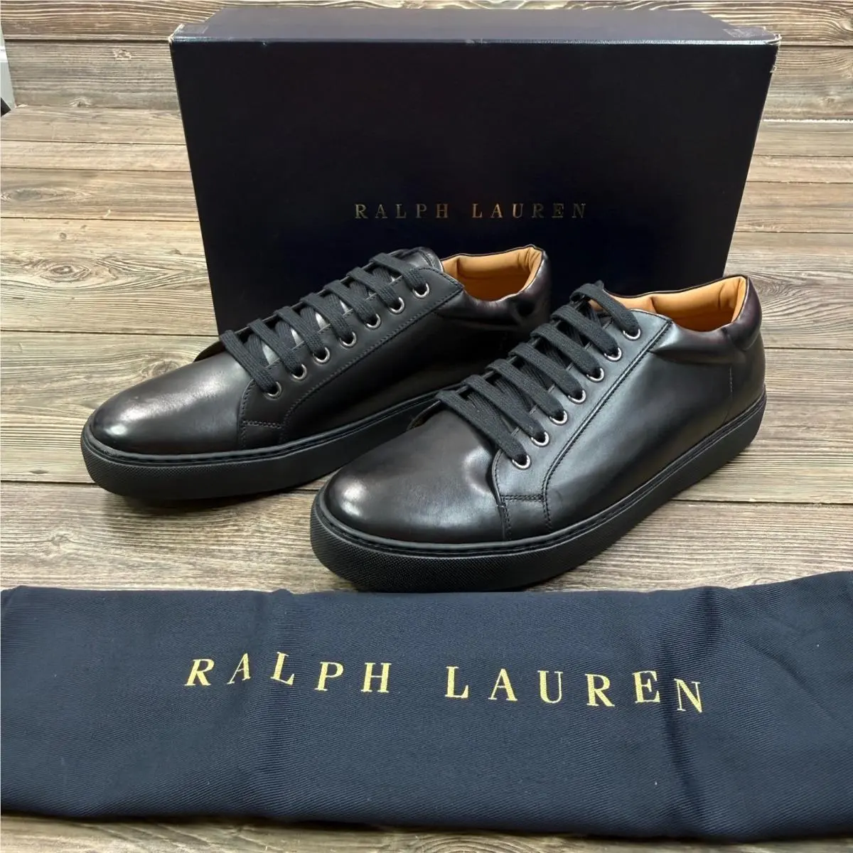 Ralph Lauren Mens Size 10.5 D Severn X Sneaker Black Burnished Calf Italy