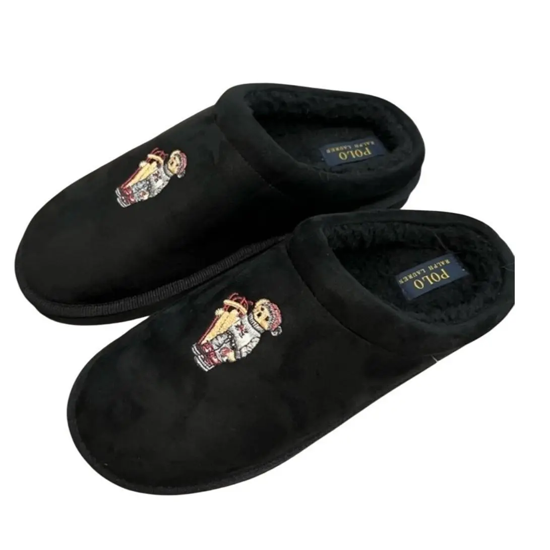 Polo Ralph Lauren Black Fleece Lined Slippers Embroidered Bear Logo Size 9