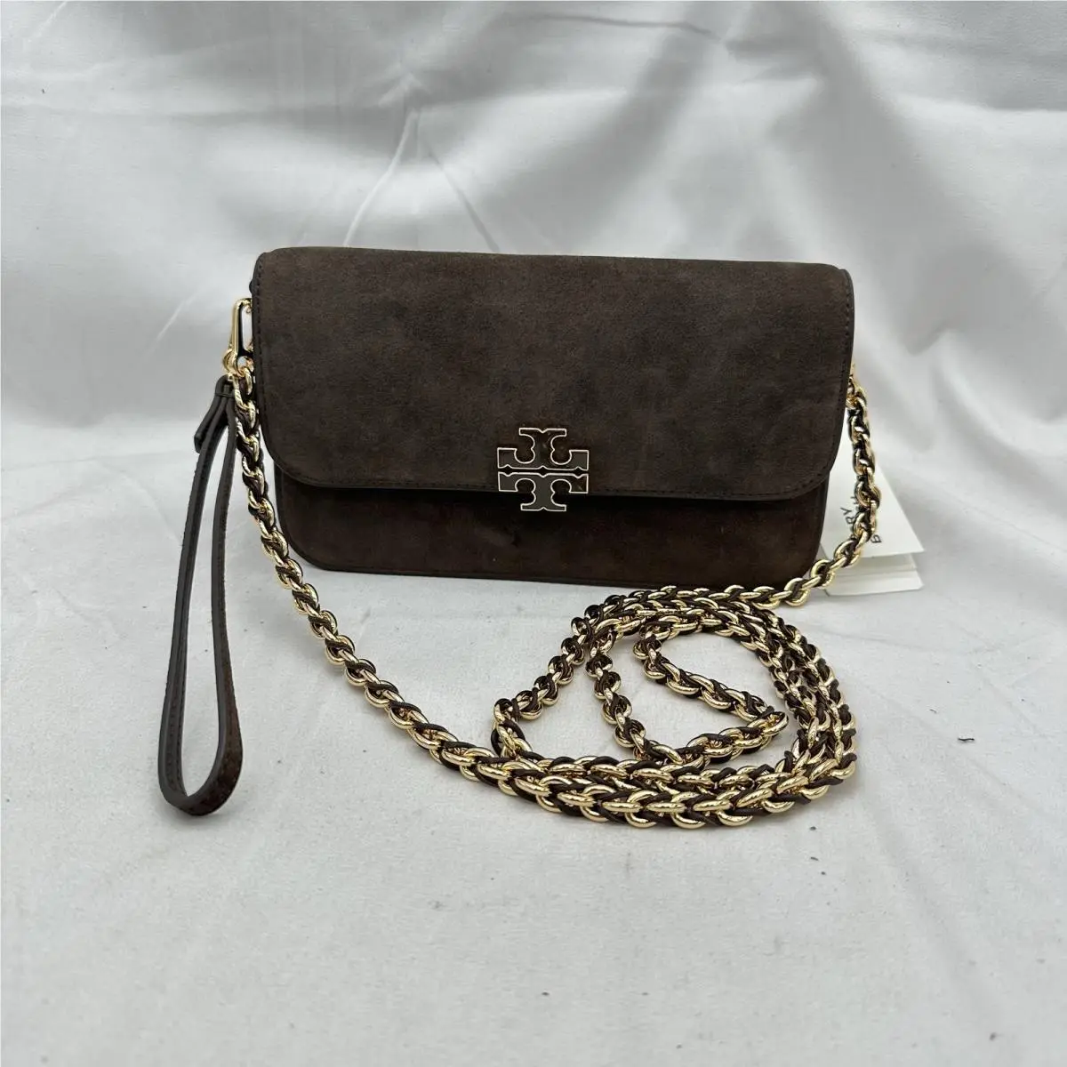 Tory Burch Womens Britten Crossbody Chain Wallet 180095 Suede Dark Cocoa/gold
