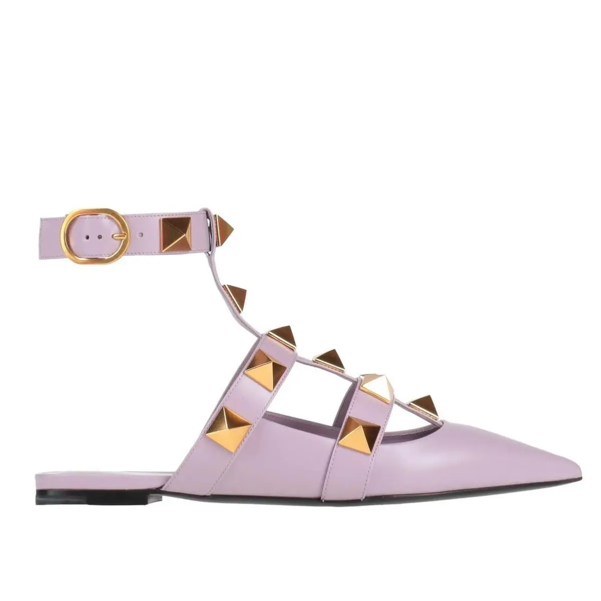 Valentino Garavani Lilac Roman Stud Flat Leather Ankle Strap Gold 35.5