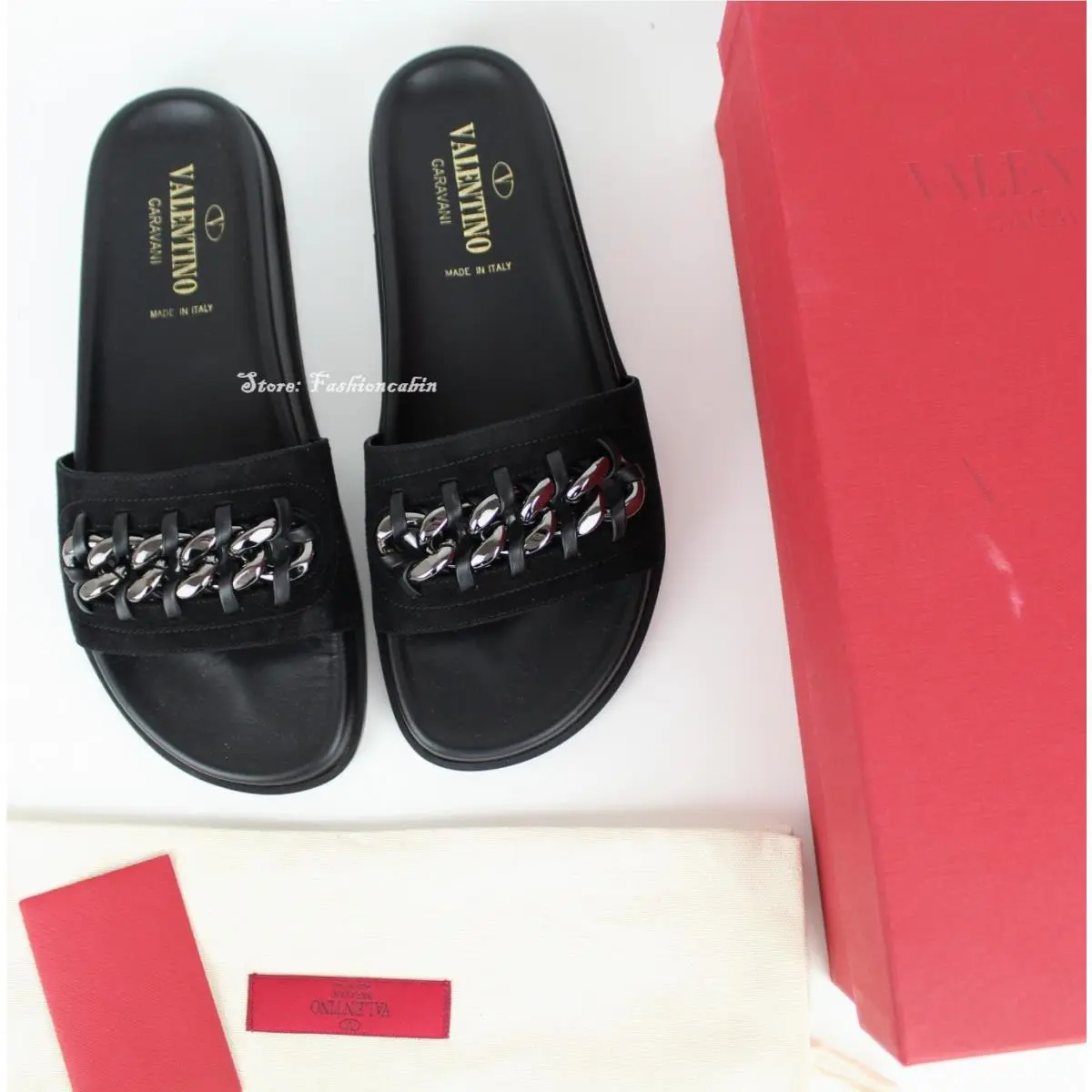 Valentino Garavani Black Suede Chain Slide Sandals Slip On Open Toe EU 38