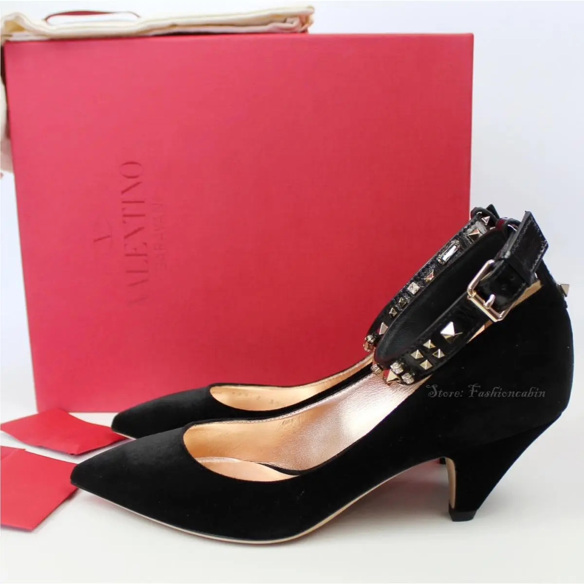 Valentino Garavani Black Velvet Studded Ankle Strap Point Toe Pumps EU 38.5