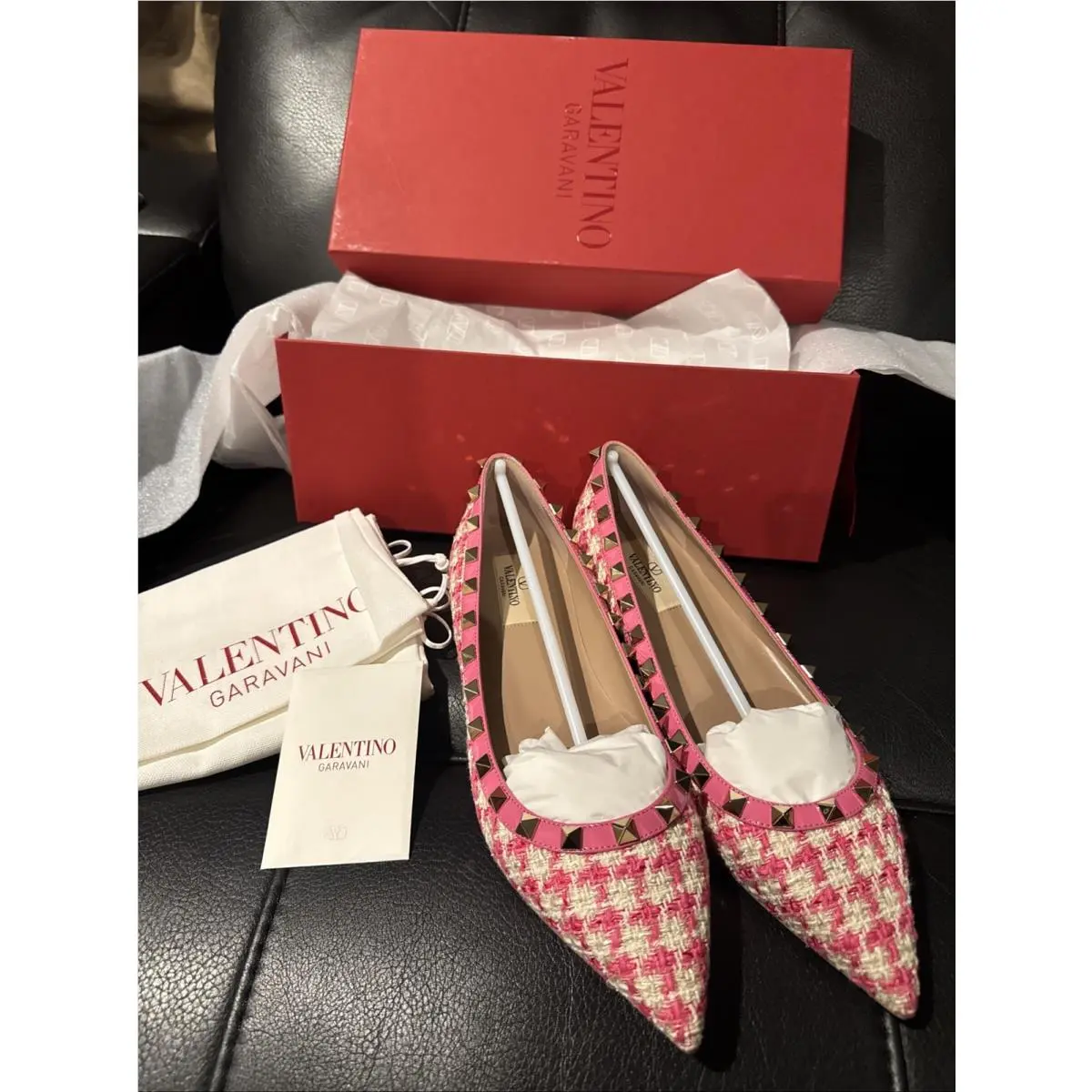 Valentino Garavani Rockstud Pink Tweed Pointed Toe Ballet Flats Size 38