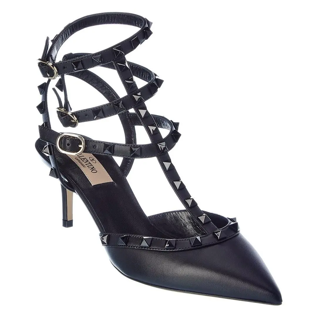 Valentino Rockstud Caged 65 Leather Ankle Strap Pump Women`s Black 36