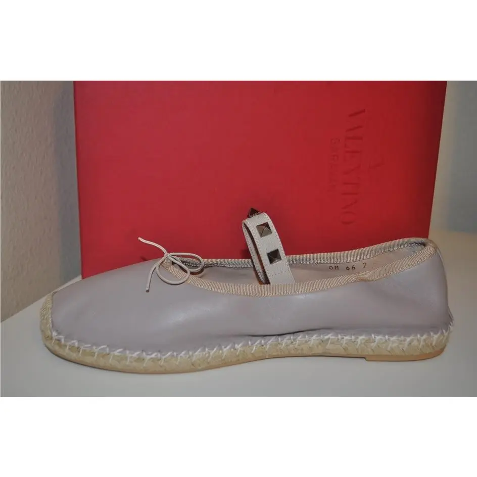 Valentino Rockstud Leather Ballerina Ballet Espadrille Flat Shoe Beige EU 36