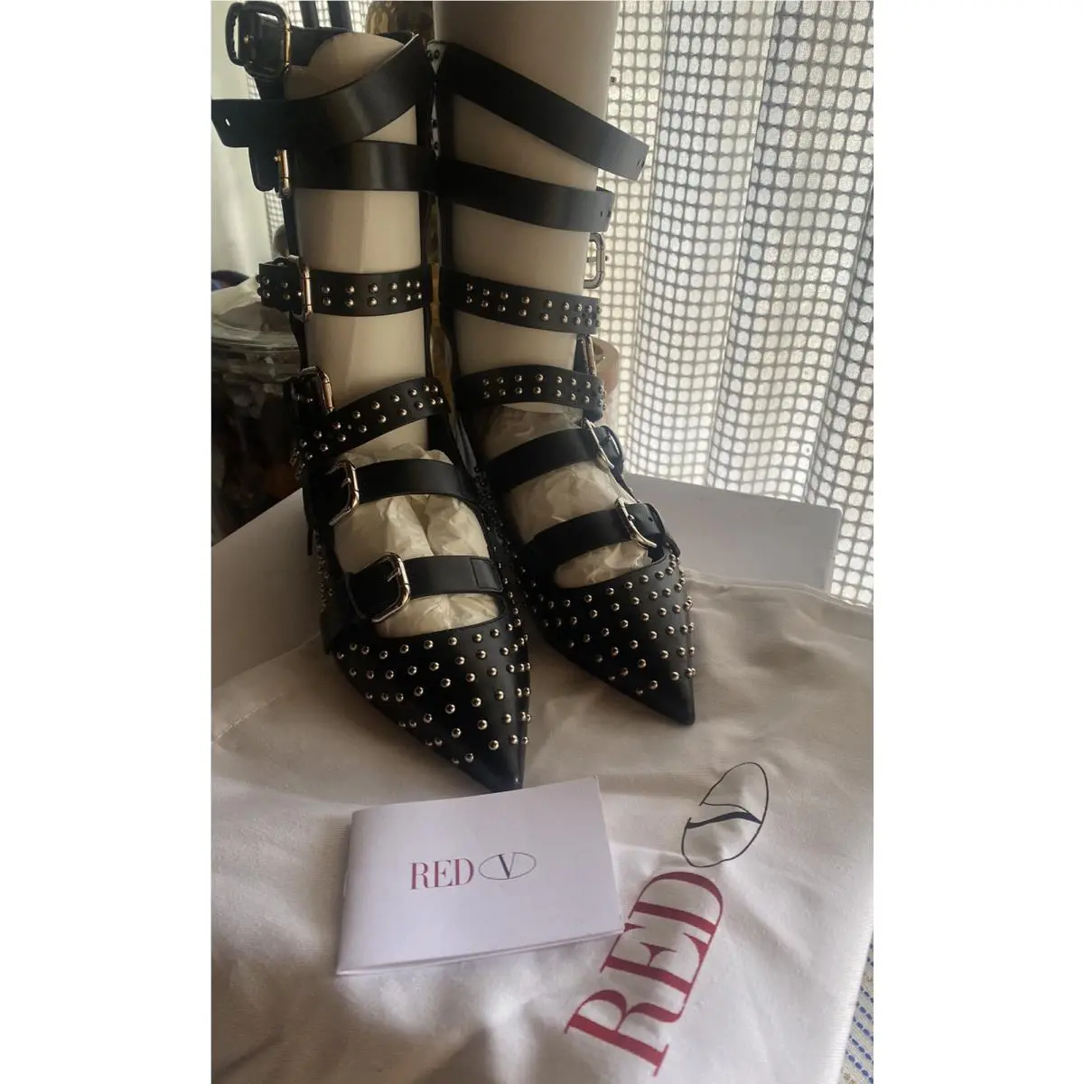 Red Valentino Shoes Women Sz 38 Black Leather Straps Buckles and Studs