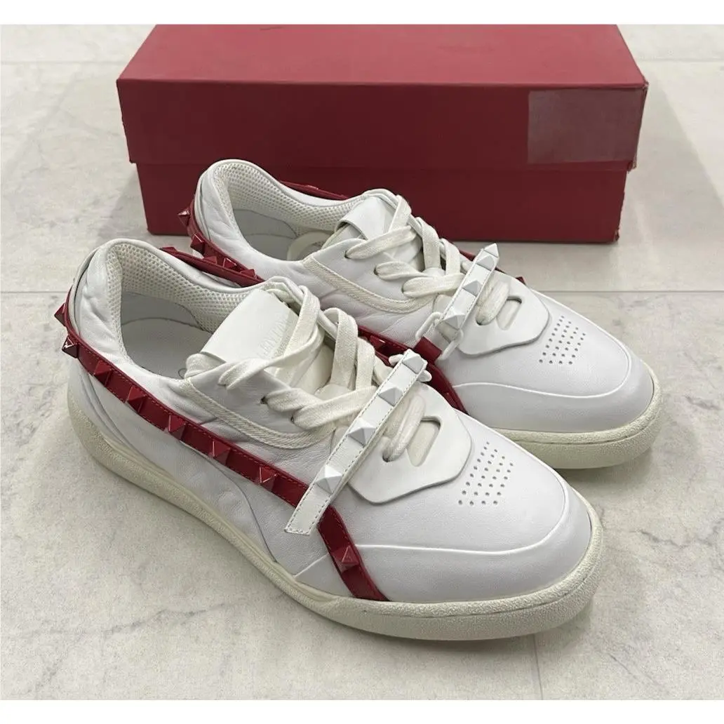 Valentino Garavani Rockstud Leather Sneakers In White / Red Size:36 US 6