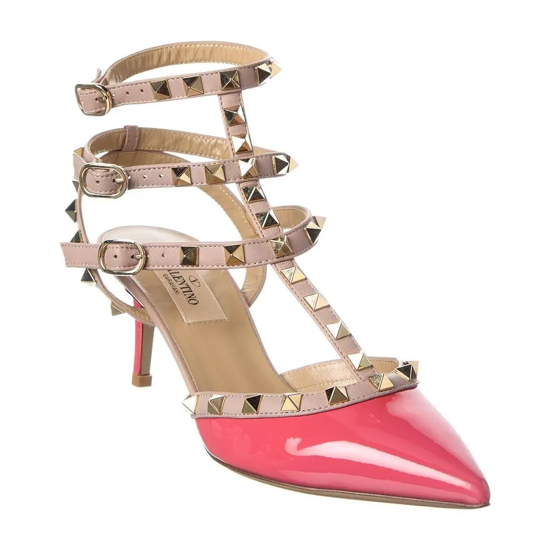 Valentino Rockstud Caged 65 Patent Ankle Strap Pump Women`s Pink 36.5