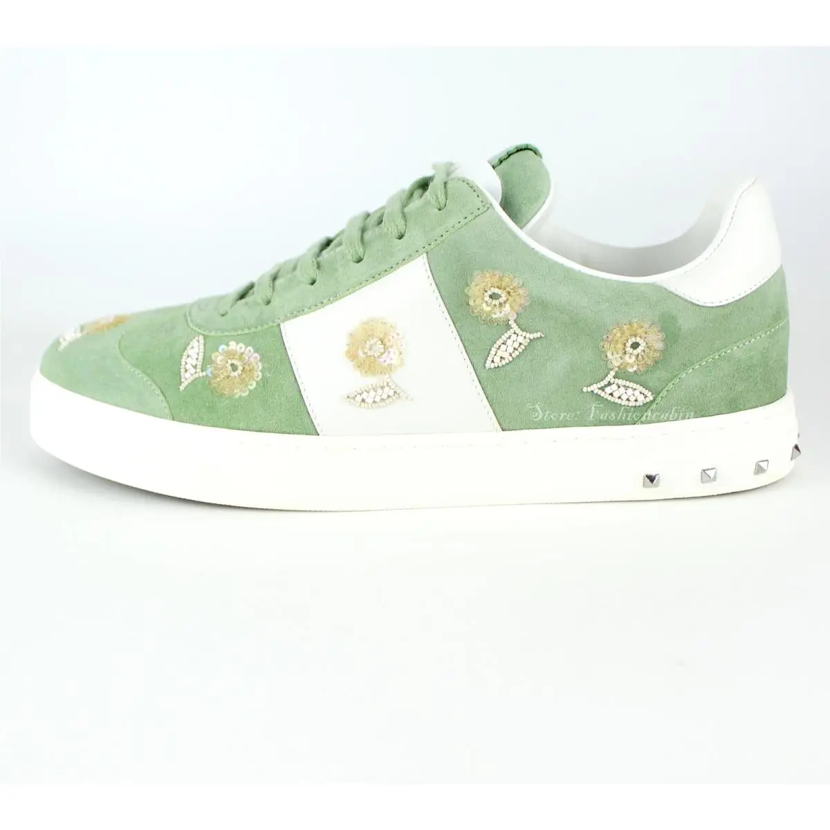 Valentino Garavani Powder Green Suede Floral Embellished Sneakers EU 41