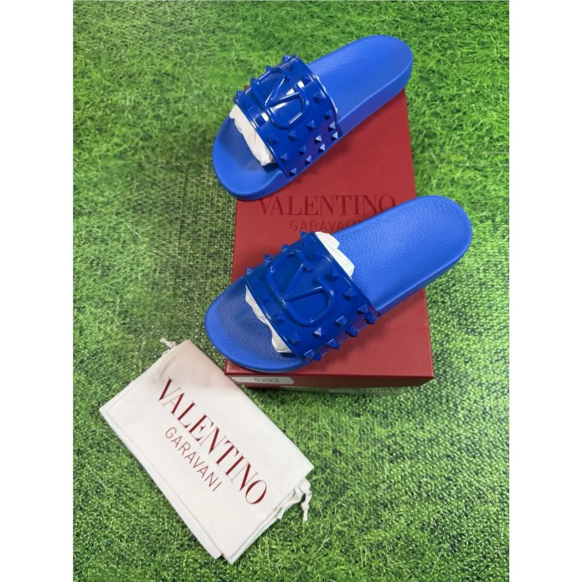 Valentino Garavani Men Blue V Logo Rockstud Pool Slide Sandal Shoes Size 9