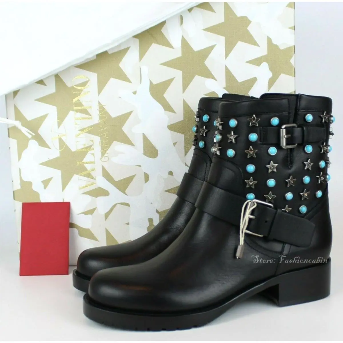 Valentino Garavani Rockstud Moto Ankle Booties Black Leather EU 35