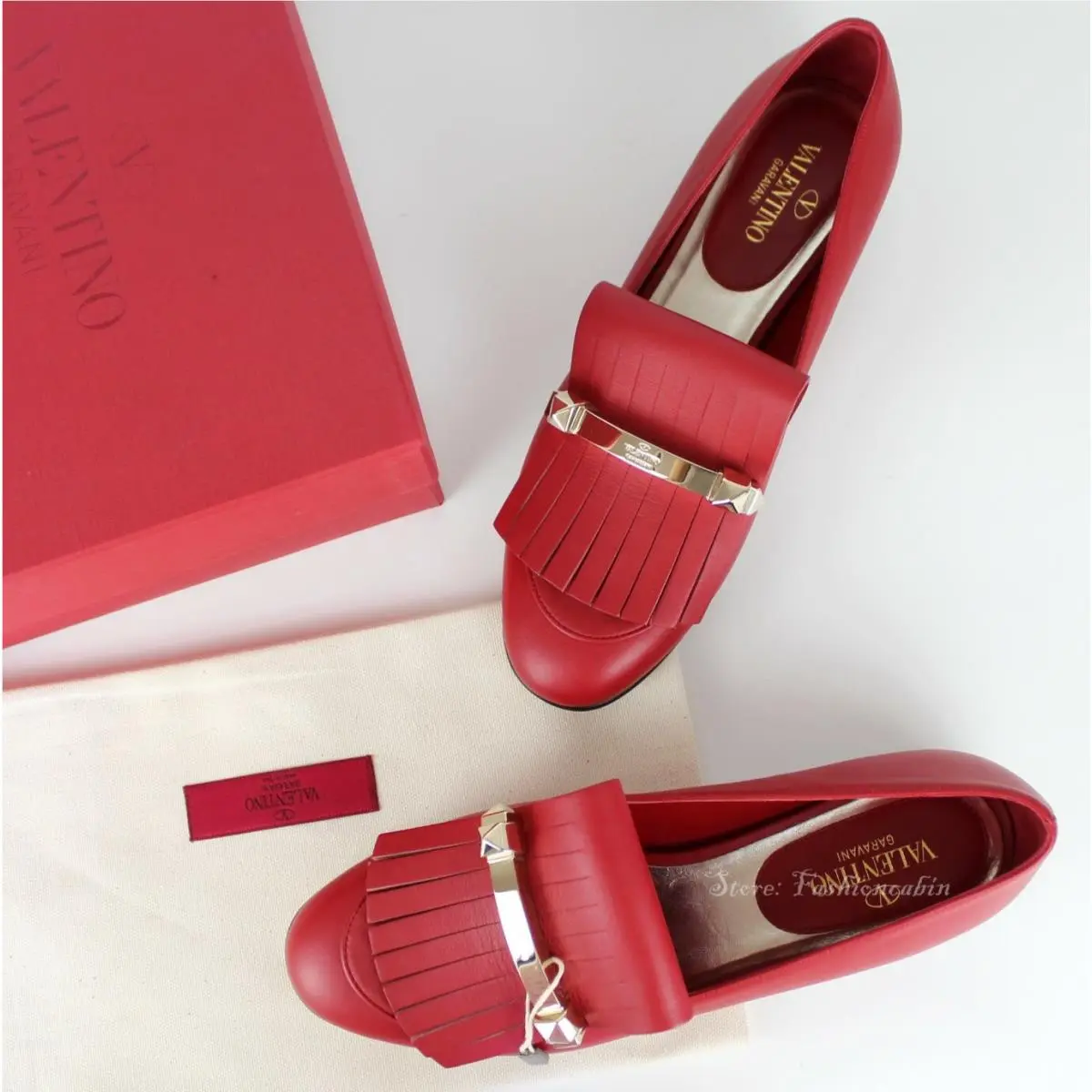 Valentino Garavani Red Rockstud Fringed Leather Loafer EUR37.5 Slip-on Round Toe