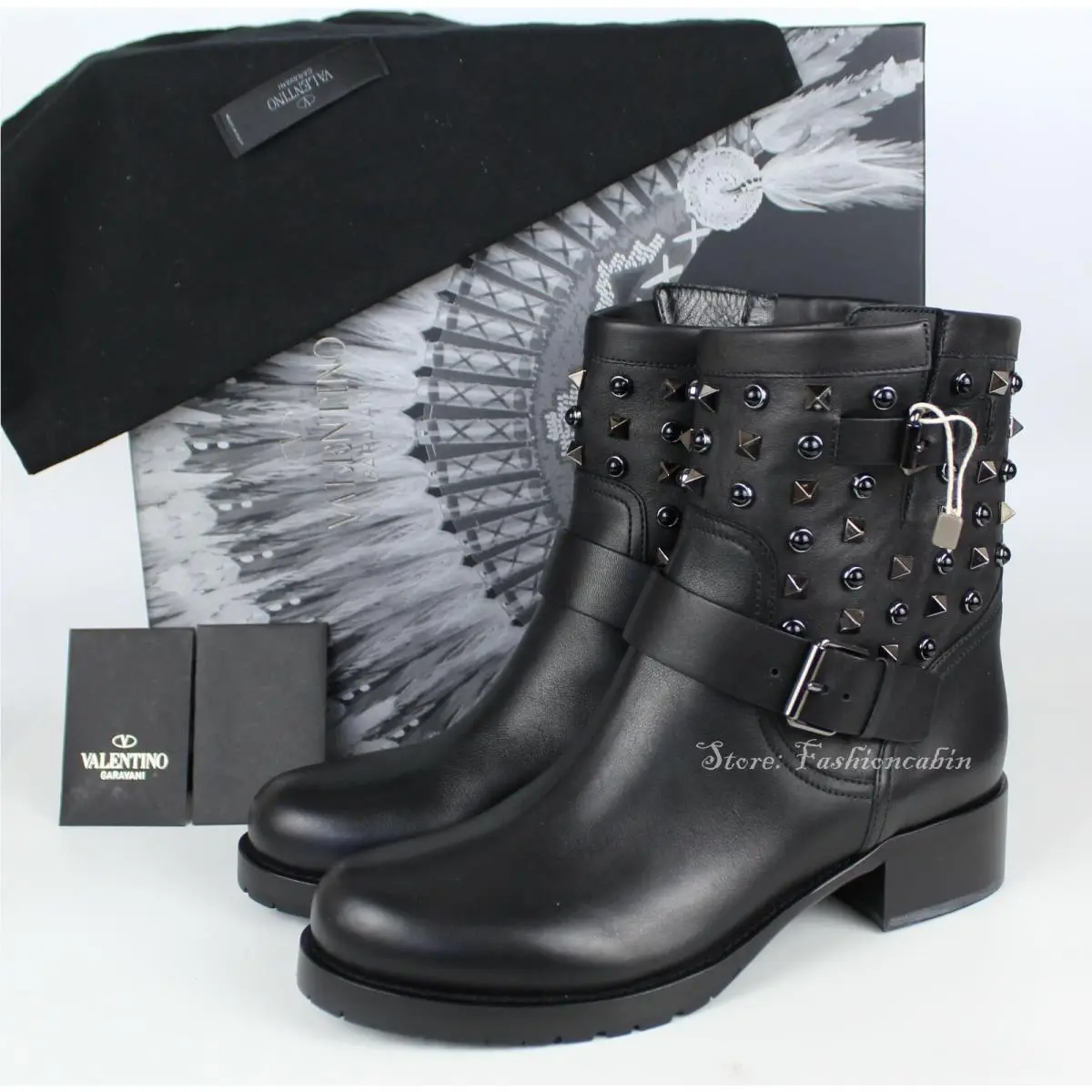 Valentino Garavani Rockstud Rolling Biker Ankle Boots Black Leather EU 36