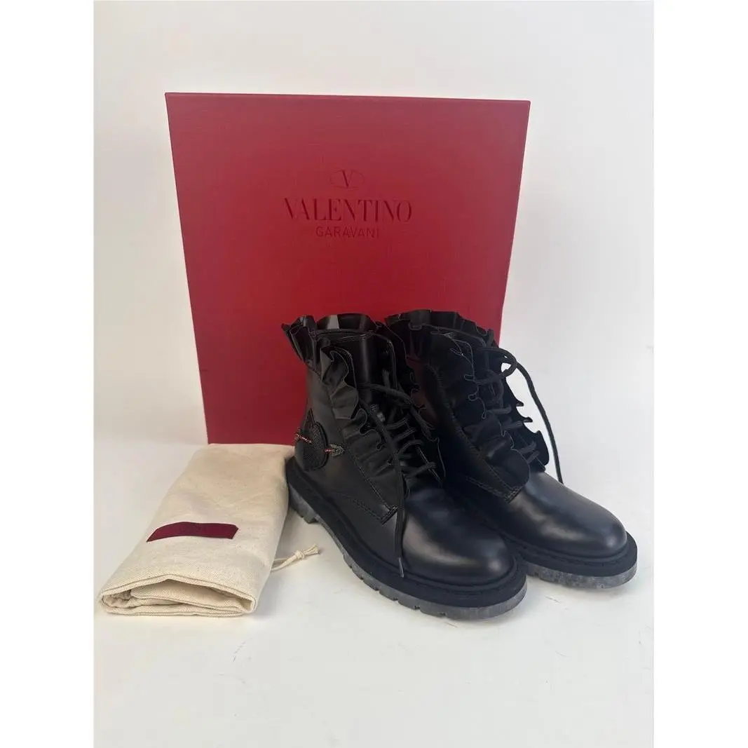 Valentino Garavani Love Calf Leather Combat Boot W/ruffles Heart EU 35 / US 5