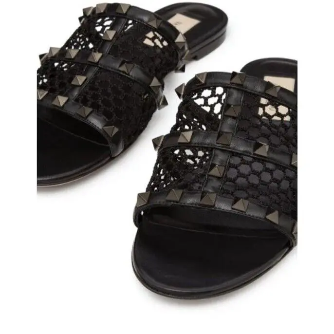 Valentino Rockstud Embellished Interwoven Mesh Flat Slides Sandals Black