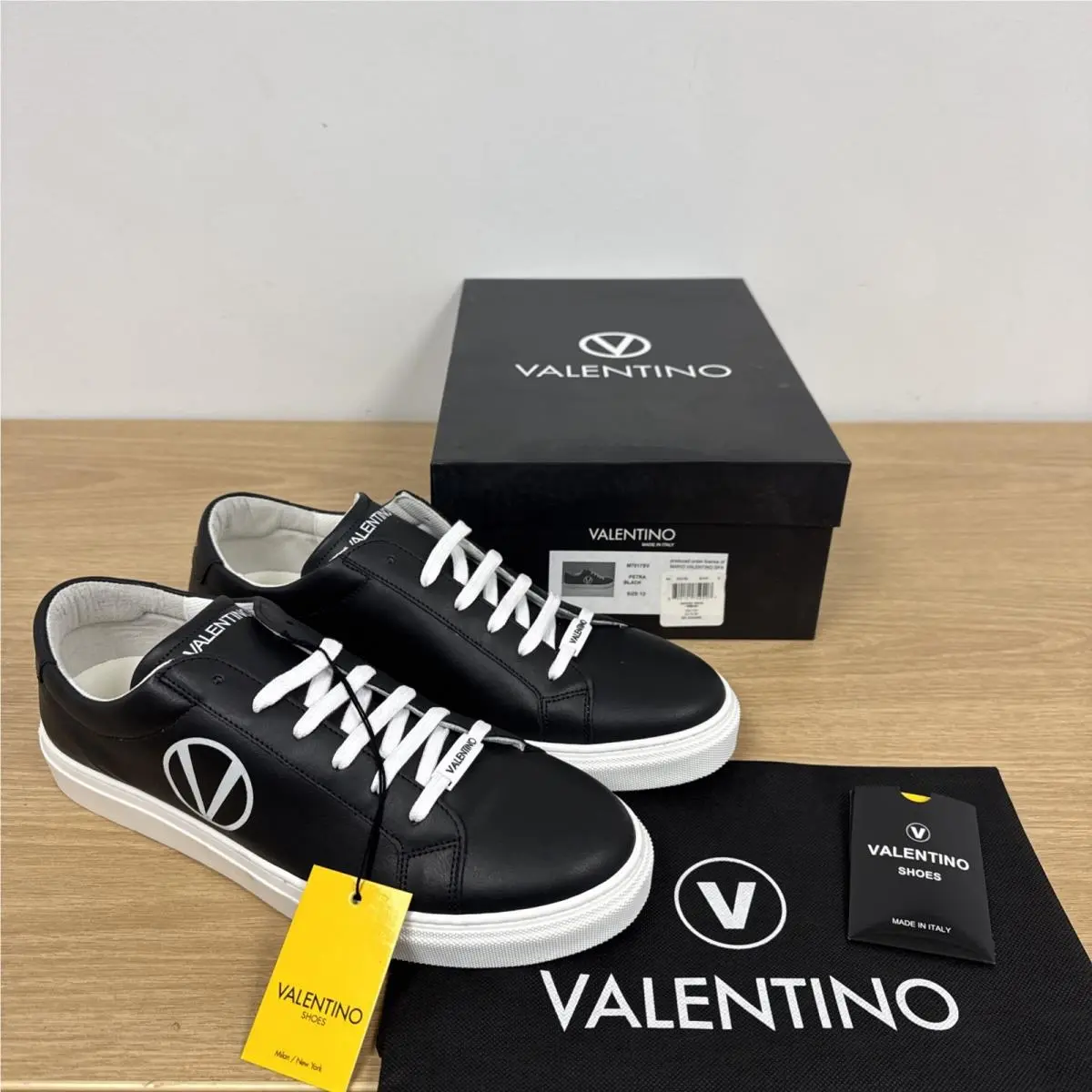 Valentino Petra Italian Leather Sneaker Black Cream Men`s Size 12