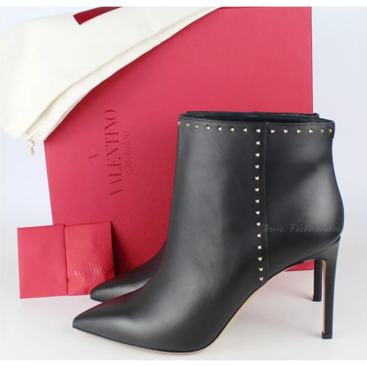 Valentino Garavani Rockstud Pointed Toe Leather Ankle Boots Black EU 41