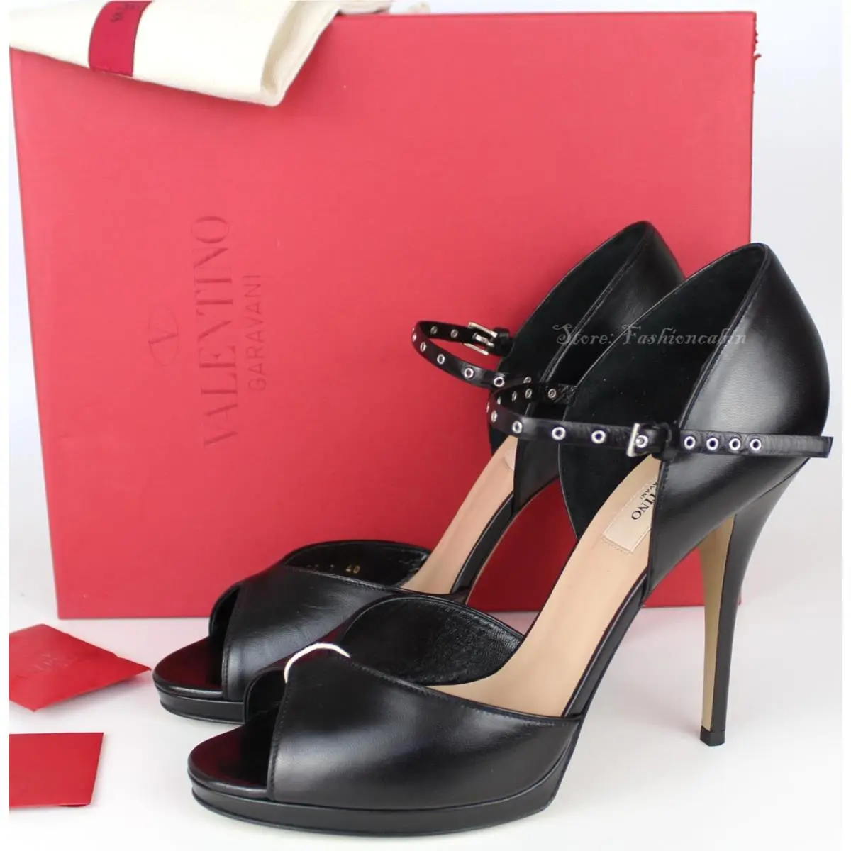 Valentino Garavani Peep Toe Ankle Straps Heeled Pumps Black Leather Eur 40