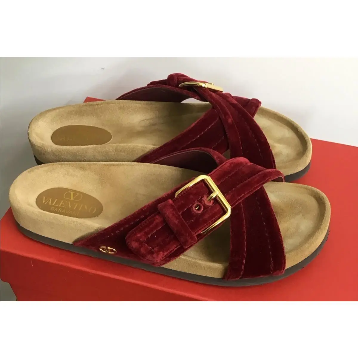 Valentino Slide Burgundy Velvet Cross Straps Gold Buckle Suede Bed Box 39.5