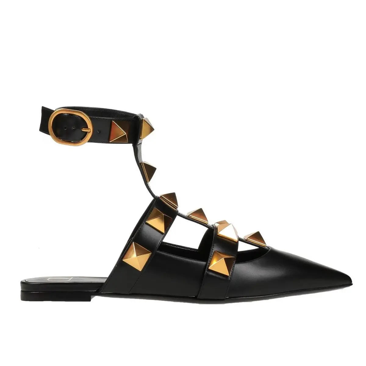 Valentino Garavani Black Roman Stud Flat Leather Ankle Strap Gold 36