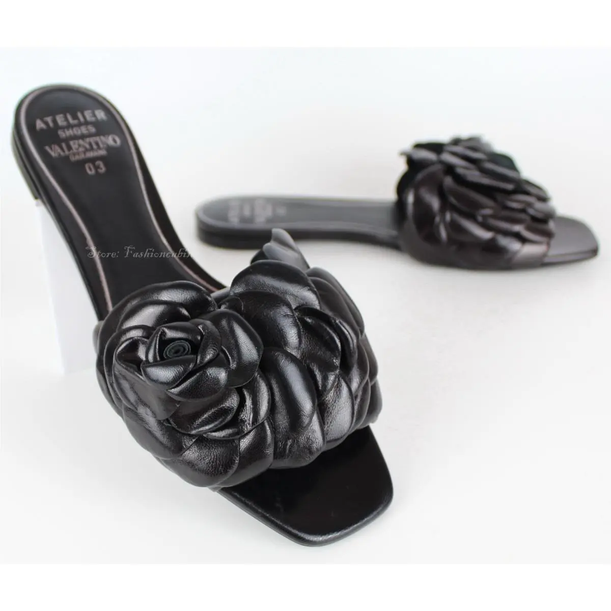 Valentino Garavani Atelier 3D Rose Flat Slide Sandals Black Eur 37