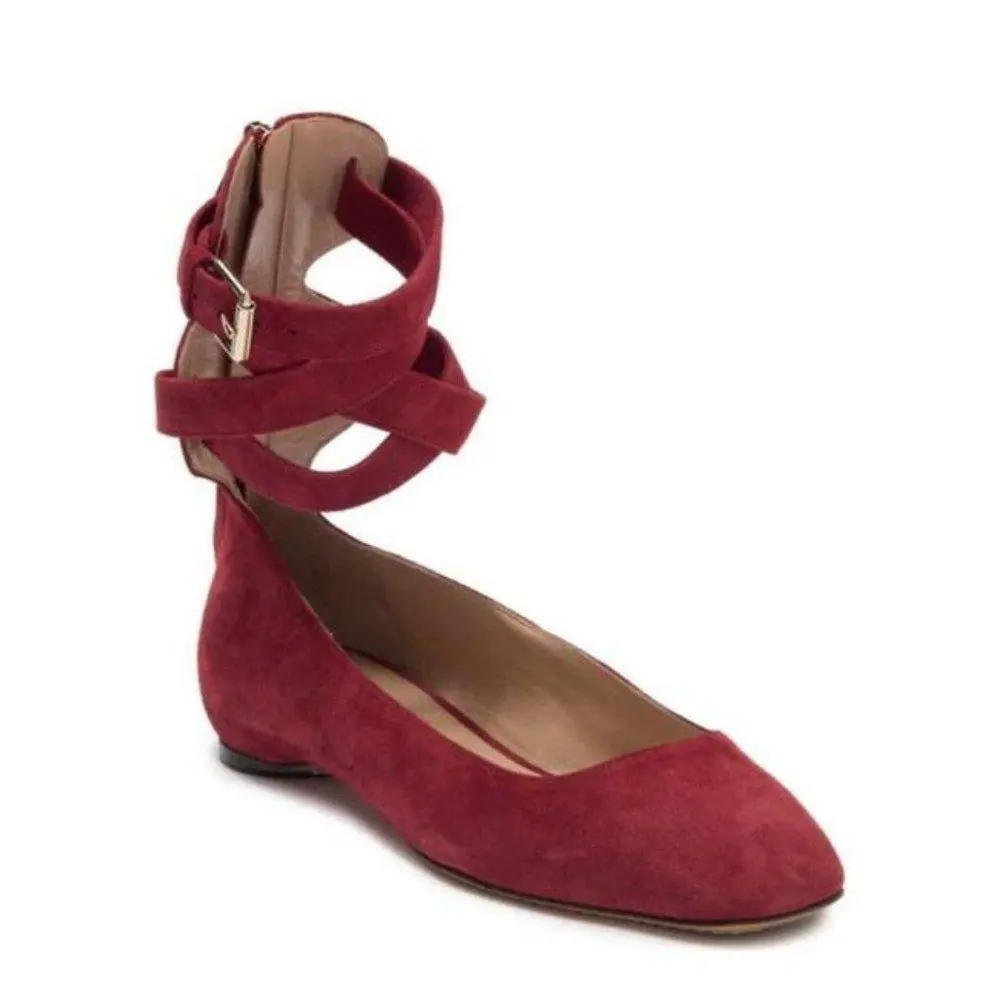Valentino Red Suede Ankle Wrap Ballet Rubino 39 Flats