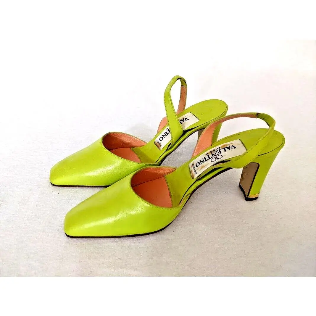 Valentino Miss V Italy Lime Leather Metal Accent Heel Slingback Pumps - 6.5