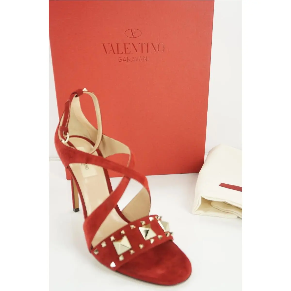 Valentino Rockstud Cross Strap Rubino Red Suede Sandals SZ 38.5 Heel