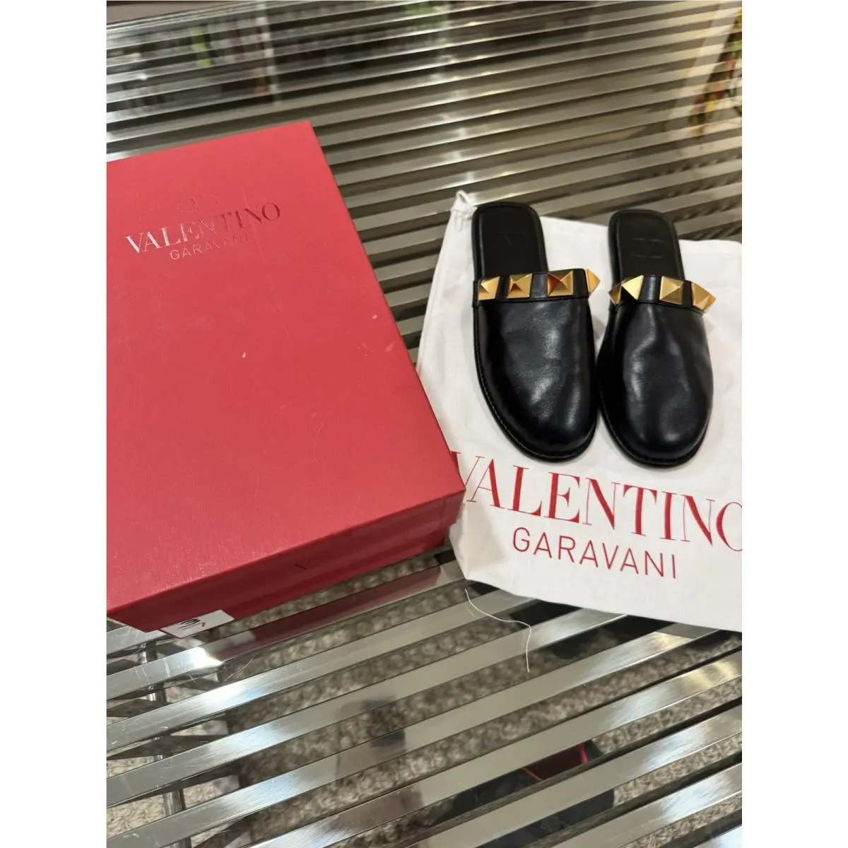 Valentino Garavani Black Leather Roman Stud Slides Sz: 7