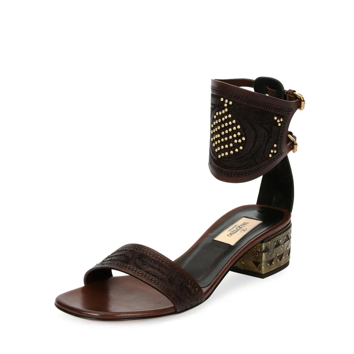 Valentino Studded Vachetta Ankle-cuff Sandal Low Heel Shoe Brown Eur 38.5