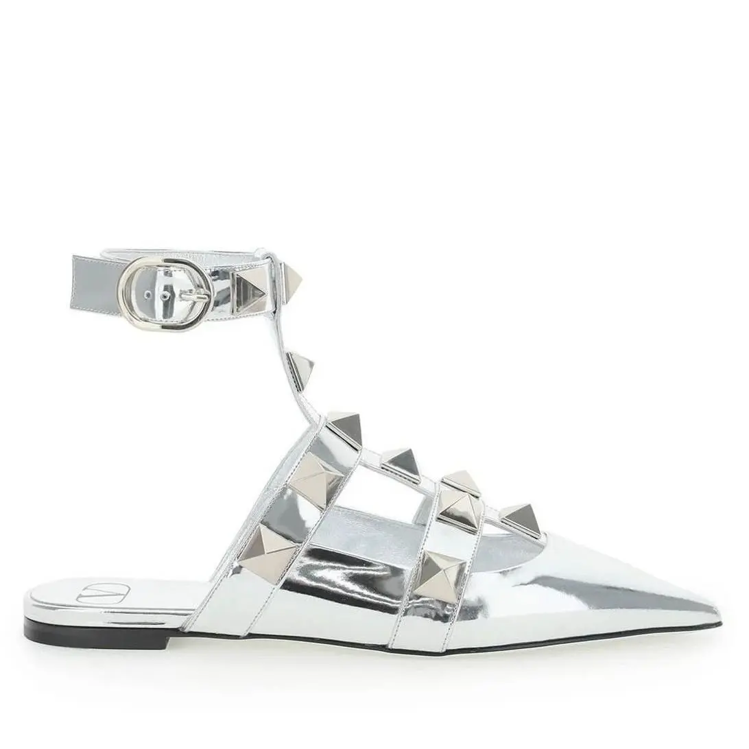 Valentino Garavani Silver Roman Stud Ballerina Flat Ankle Strap 36.5 - Silver