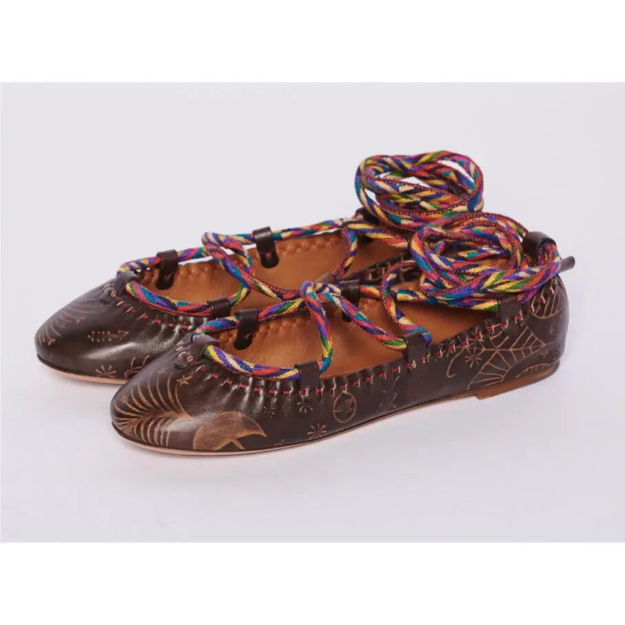 Valentino Garavani Leather Printed Ankle Tie Wrap Ballerina Ballet Flats Size 36