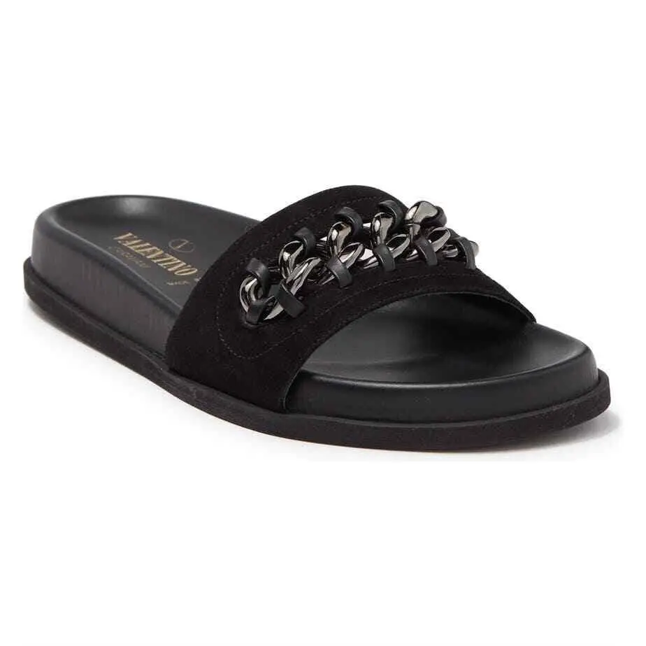 Valentino Garavani Chain Slide Sandal Black Suede Eur 38.5
