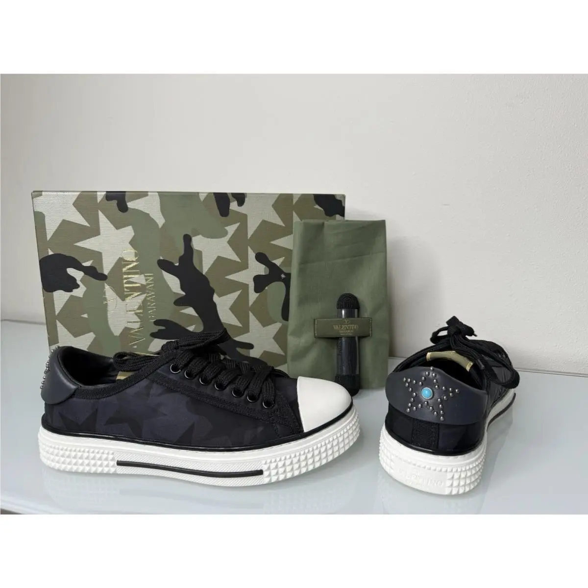 Valentino Garavani Women`s Black Star Low Top Sneakers 36.5 EU 6.5 US