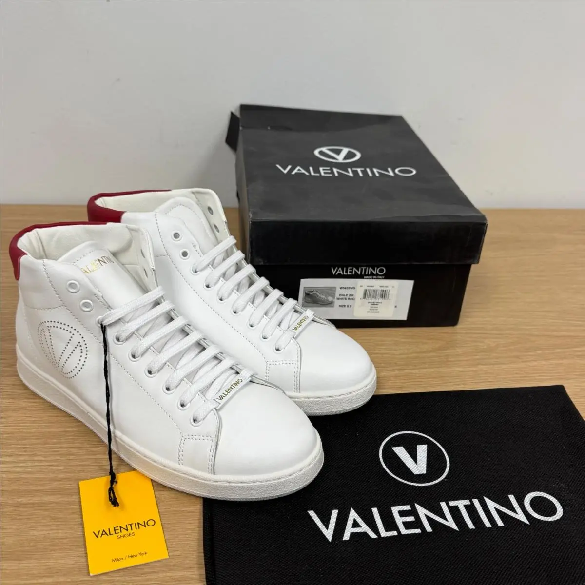 Valentino By Mario Valentino Egle BK White- Red Leather High-top Sneakers US 8.5