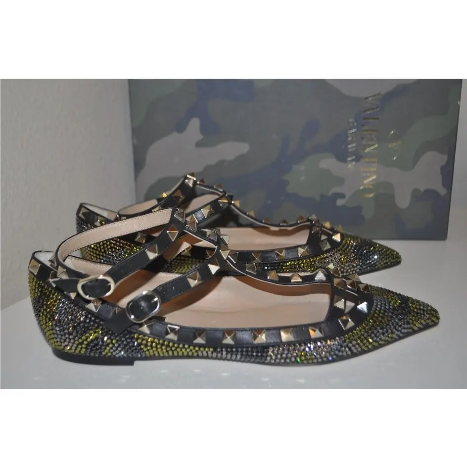 Valentino Rockstud Camo Swarovski Crystal T-strap Ballerina Flat Shoe 38 7.5