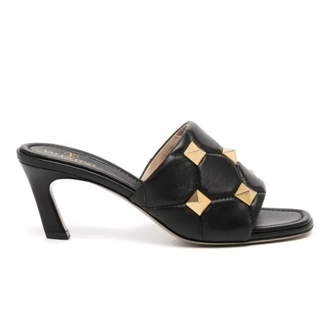 Valentino Black Roman Gold Studded Heels Sandals Mules 37 Designer Saks 7 US