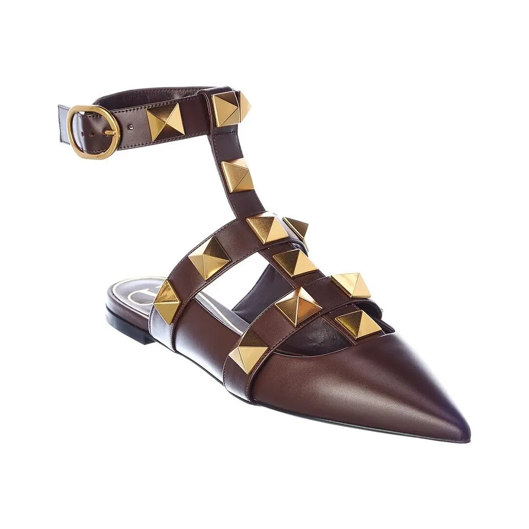 Valentino Roman Stud Leather Ankle Strap Flat Women`s Brown 36