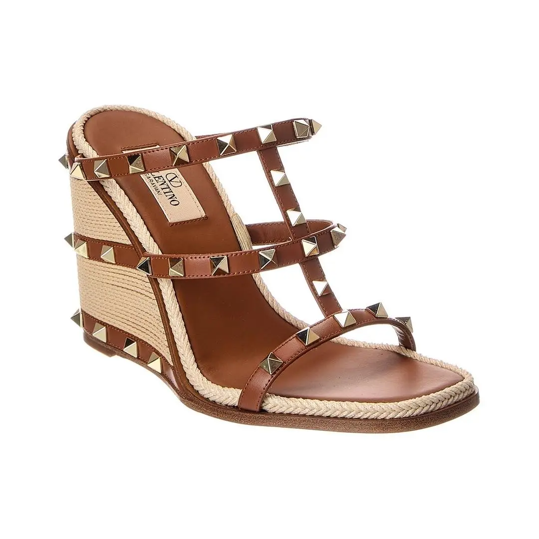 Valentino Rockstud 100 Leather Wedge Sandal Women`s Brown 39