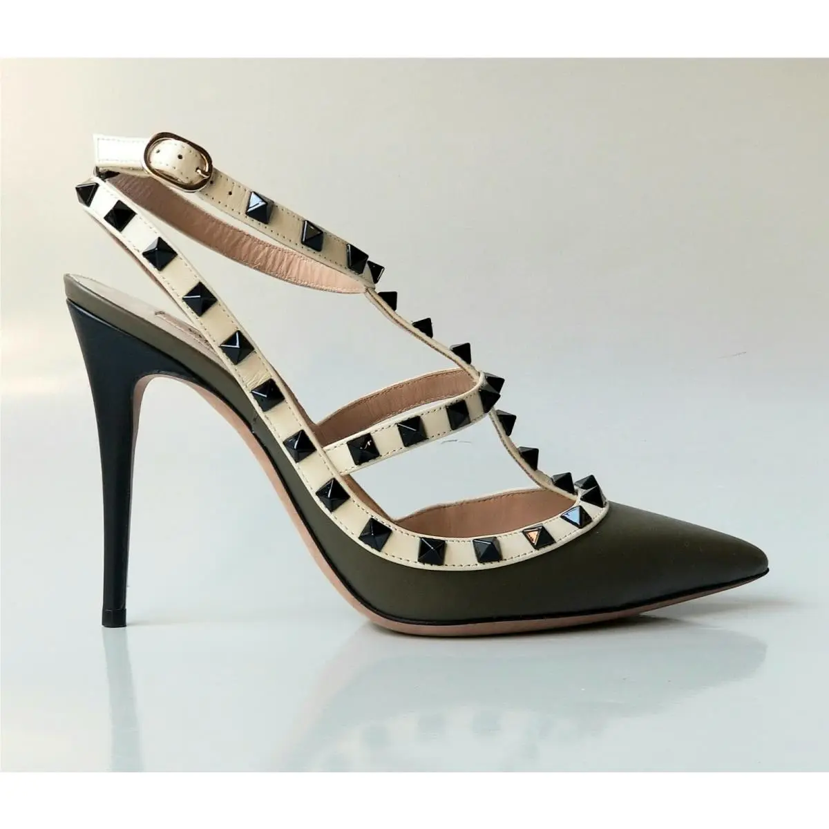 Valentino Rockstud Army Green Leather 39 US 8 Black Stud Caged 100 Pump Women`s