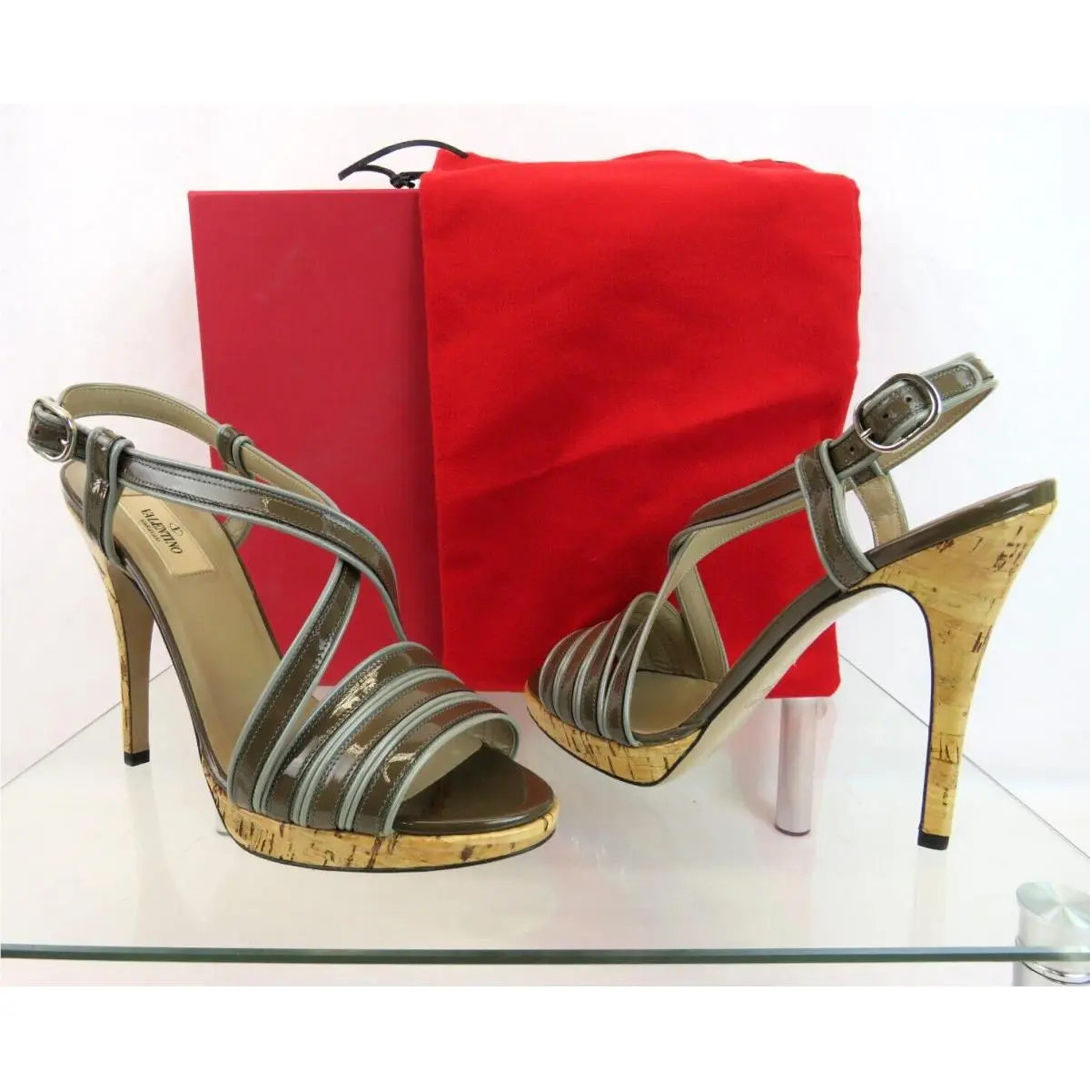 Valentino Taupe Gray Strappy Patent Leather Cork Platform Sandals Pumps 39.5