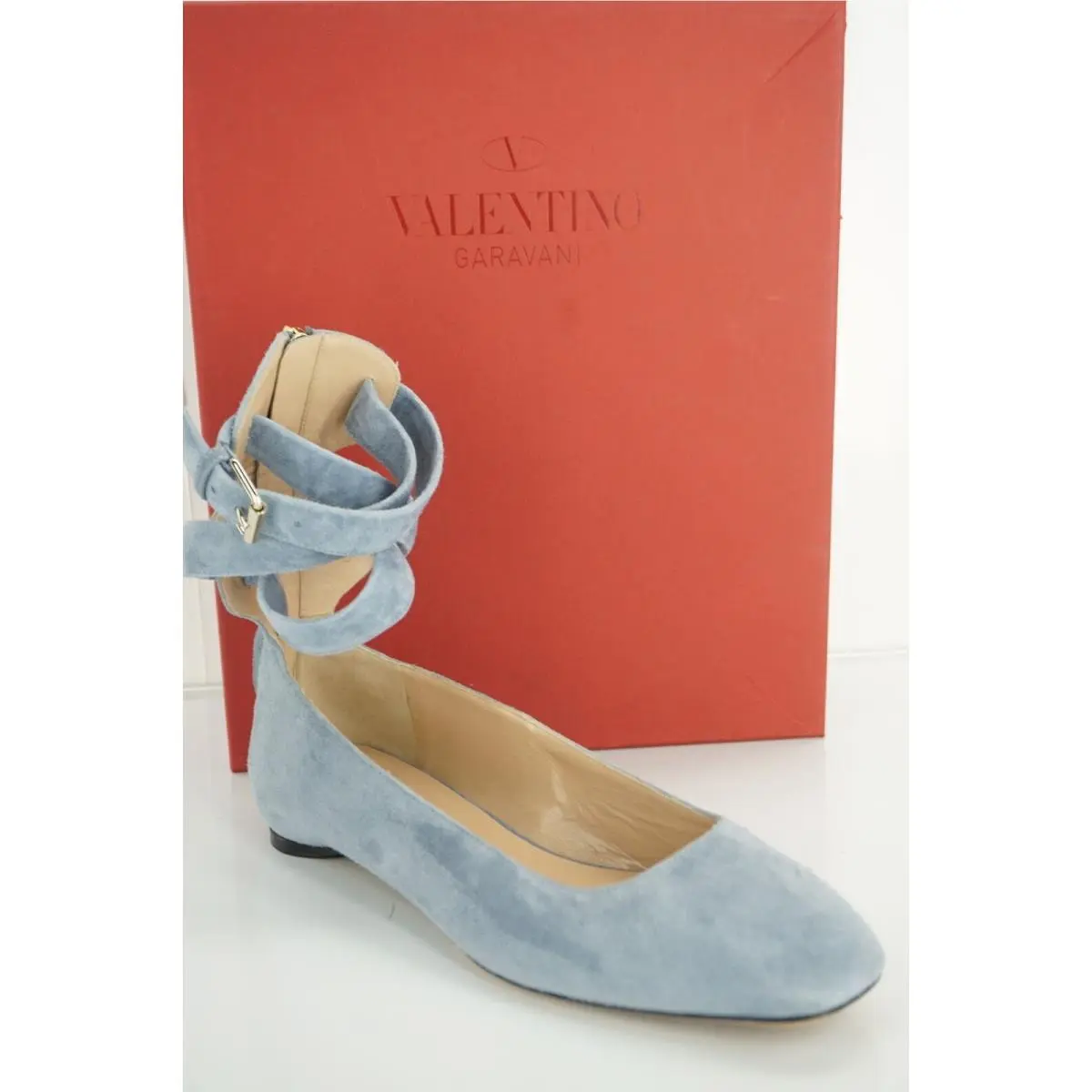 Valentino Garavani Plum Ankle Wrap Ballerina Flats SZ 38 Sky Blue Suede